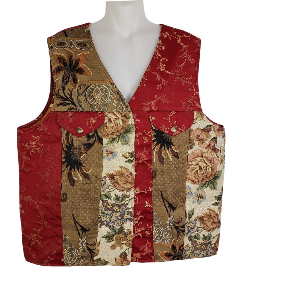 Vintage Willow Ridge Womens Vest Size 1X Button V Neck Patchwork Floral Pockets